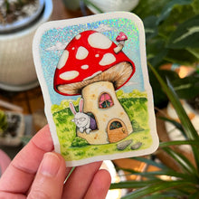 Load image into Gallery viewer, Mushroom Cottage Holographic Glitter Vinyl Die Cut Durable Sticker