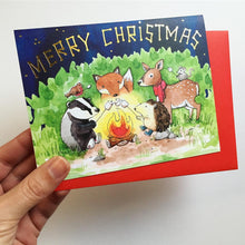 Load image into Gallery viewer, Merry Christmas Woodland Animals Campfire Gold Foil Card
