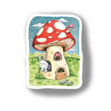 Load image into Gallery viewer, Mushroom Cottage Holographic Glitter Vinyl Die Cut Durable Sticker