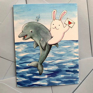 Blank Note Bunny Dolphin Just Because Card