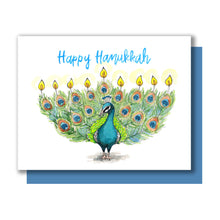Load image into Gallery viewer, Happy Hanukkah Peacock Menorah Card