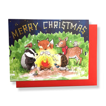 Load image into Gallery viewer, Merry Christmas Woodland Animals Campfire Gold Foil Card
