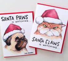 Load image into Gallery viewer, Santa Paws Is Watching Pug Dog Santa Hat Holiday Christmas Card