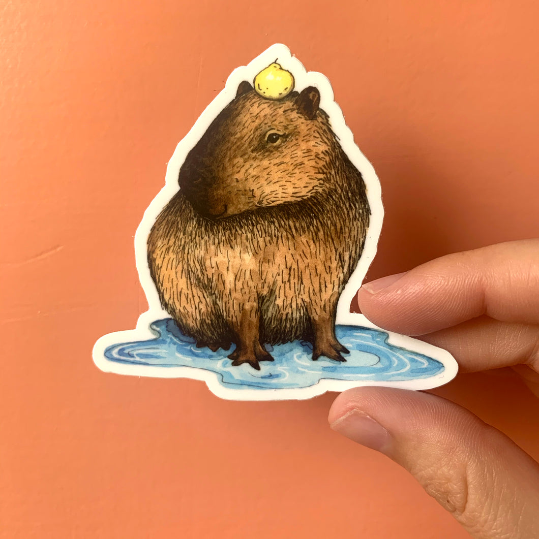 Capybara in Puddle Vinyl Die Cut Weatherproof Sticker