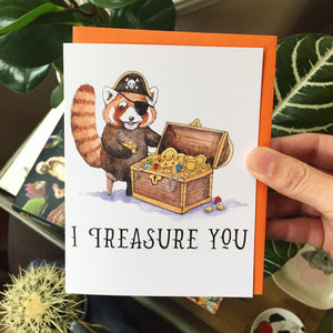 I Treasure You Red Panda Pirate Treasure Chest Love Card