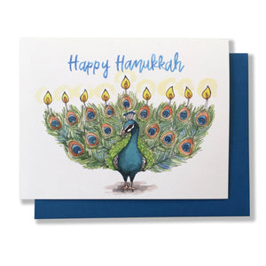 Happy Hanukkah Peacock Menorah Card
