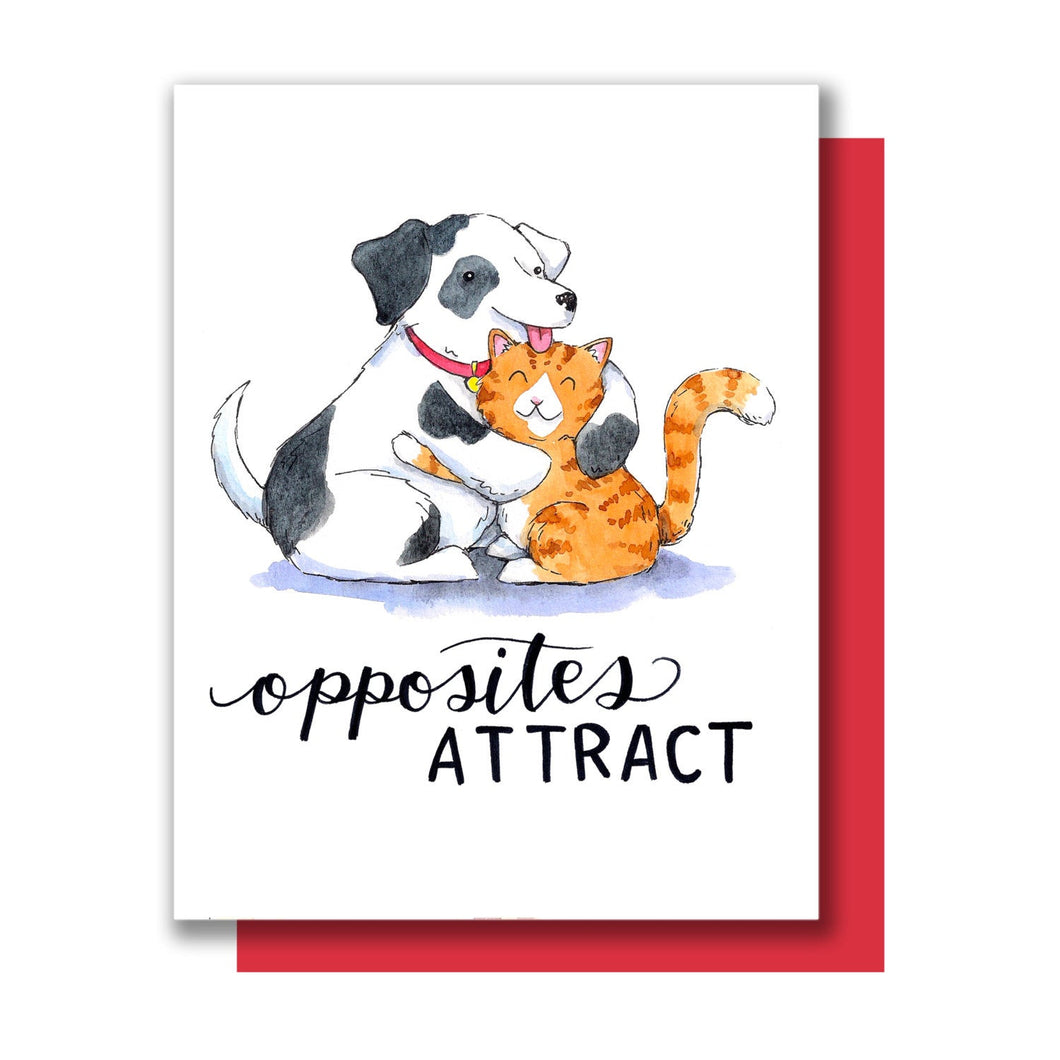 Opposites Attract Cat Dog Hugging Valentine Love Card