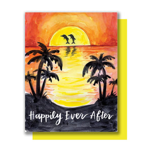 Happily Ever After Marriage Beach Sunset Dolphins Wedding Card