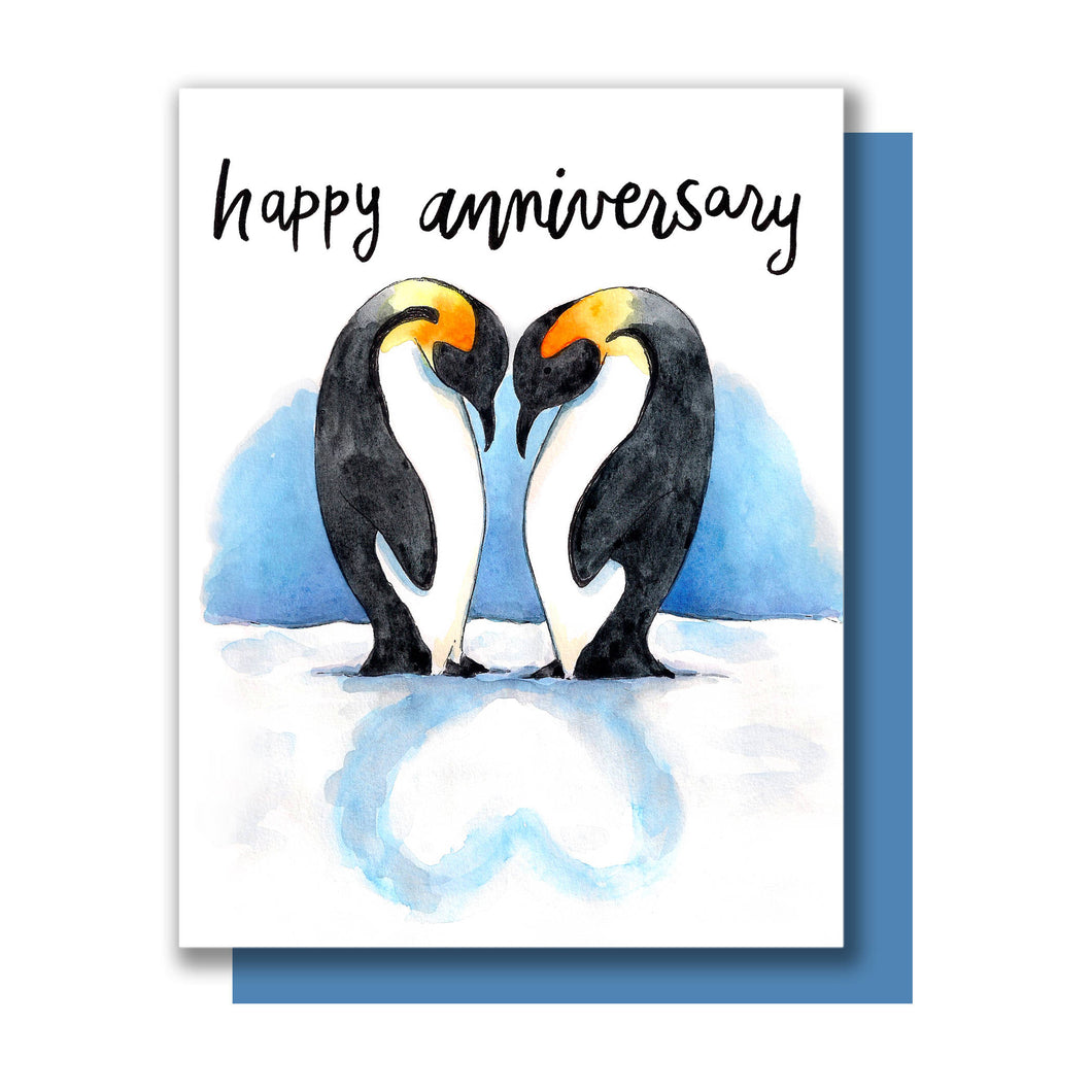Happy Anniversary Penguins Heart Shadow Love Card
