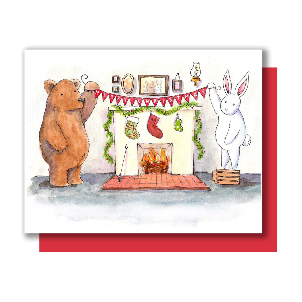 Bunny Bear Fireplace Scene Merry Christmas Card