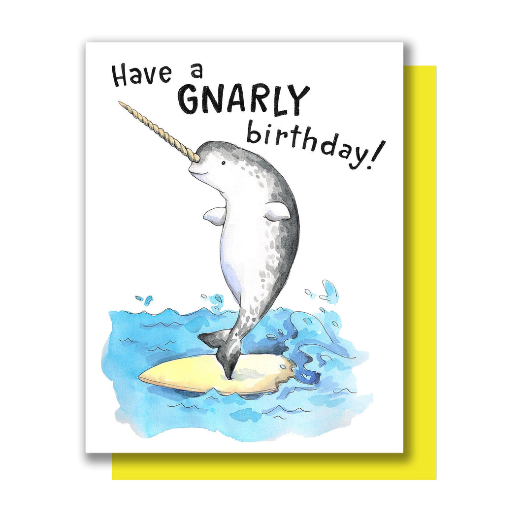 Have A Gnarly Birthday Narwhal Surfing Whale Happy Birthday Card