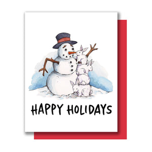 Happy Holidays Snowman Bunnies Christmas Card