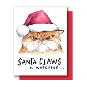 Santa Claws Is Watching Cat Santa Hat Holiday Christmas Card