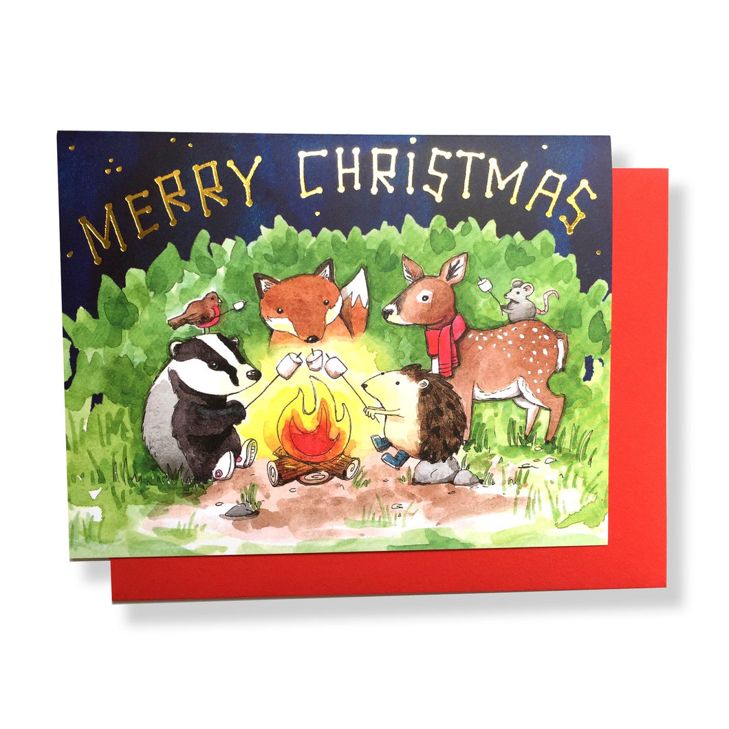 Merry Christmas Woodland Animals Campfire Gold Foil Card