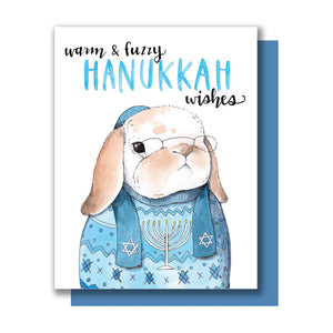 Happy Hanukkah Warm And Fuzzy Wishes Rabbit Holiday Card