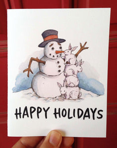 Happy Holidays Snowman Bunnies Christmas Card