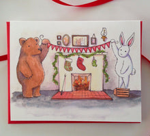 Load image into Gallery viewer, Bunny Bear Fireplace Scene Merry Christmas Card

