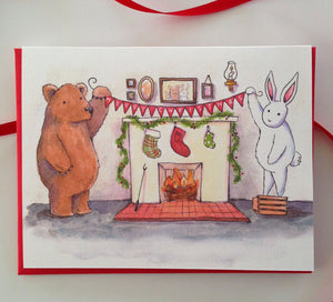 Bunny Bear Fireplace Scene Merry Christmas Card