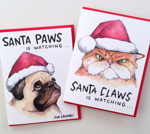 Santa Claws Is Watching Cat Santa Hat Holiday Christmas Card