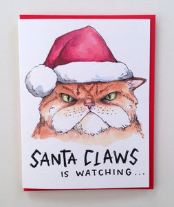 Santa Claws Is Watching Cat Santa Hat Holiday Christmas Card